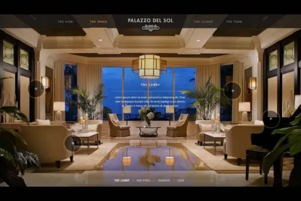 Elegant hotel lobby with large windows overlooking a scenic view. Furnished with beige sofas, a grand piano, and luxurious decor. In the foreground, a glossy floor reflects the warm lighting.