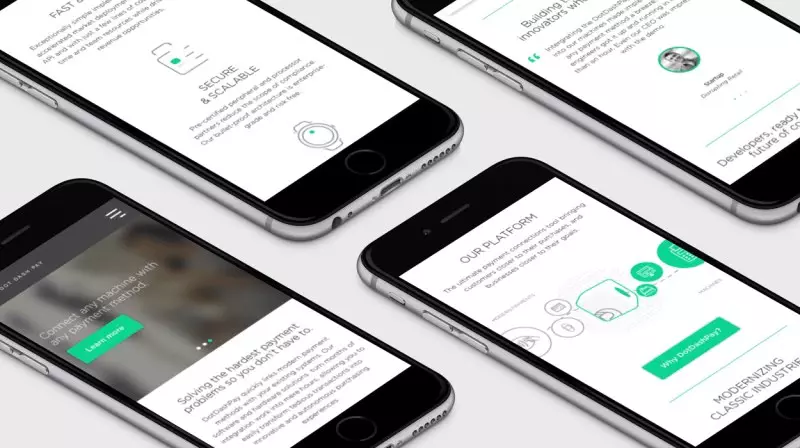 Four smartphones display various interface screens with text and graphics, showcasing a digital platform's features, including seamless digital payment integration.