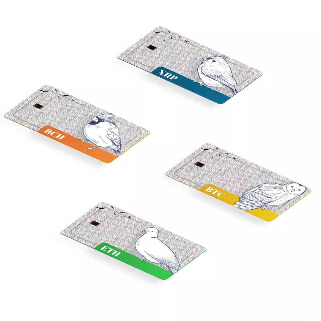 Four credit cards featuring bird illustrations, labeled 