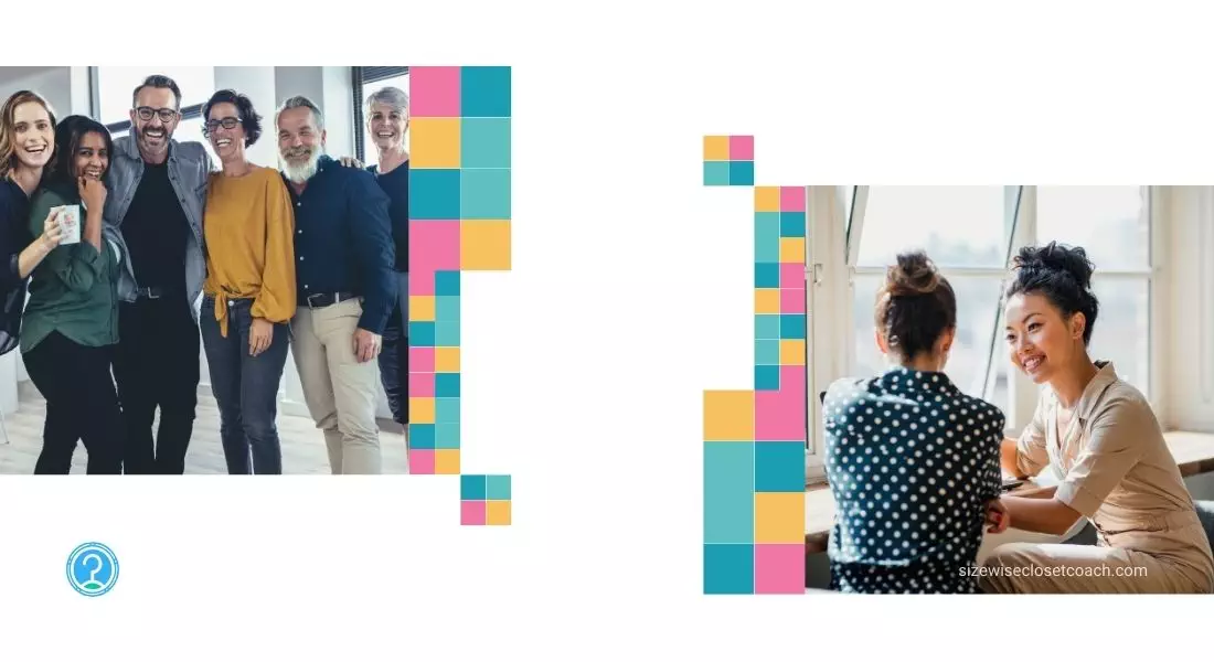 Two photos: Left shows a group of five people smiling together; right features two women seated and talking, perhaps enjoying a virtual closet audit. Colorful squares decorate the edges, adding a vibrant touch.