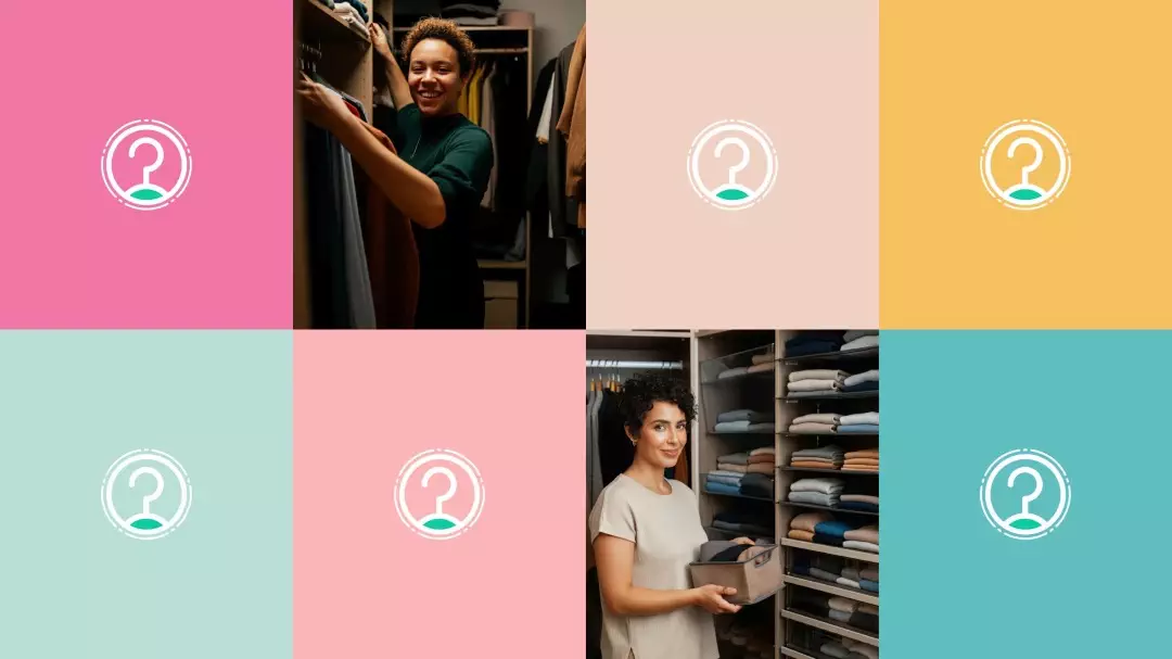 Six sections display people organizing and folding clothes in closets, interspersed with question mark icons on colorful backgrounds, inviting you to consider a virtual closet audit for a streamlined wardrobe.