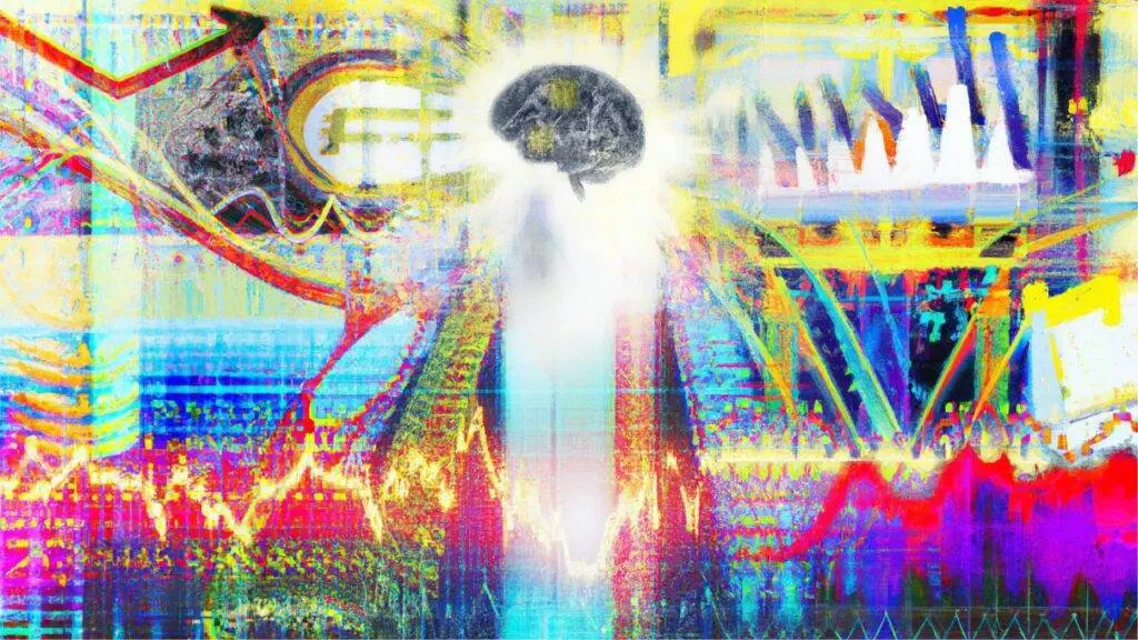 A colorful abstract illustration featuring a human brain at the center, surrounded by various lines, graphs, and geometric shapes. The overall scene symbolizes a mix of scientific concepts and creative ideas, highlighting the role of predictive analytics in understanding complex patterns.