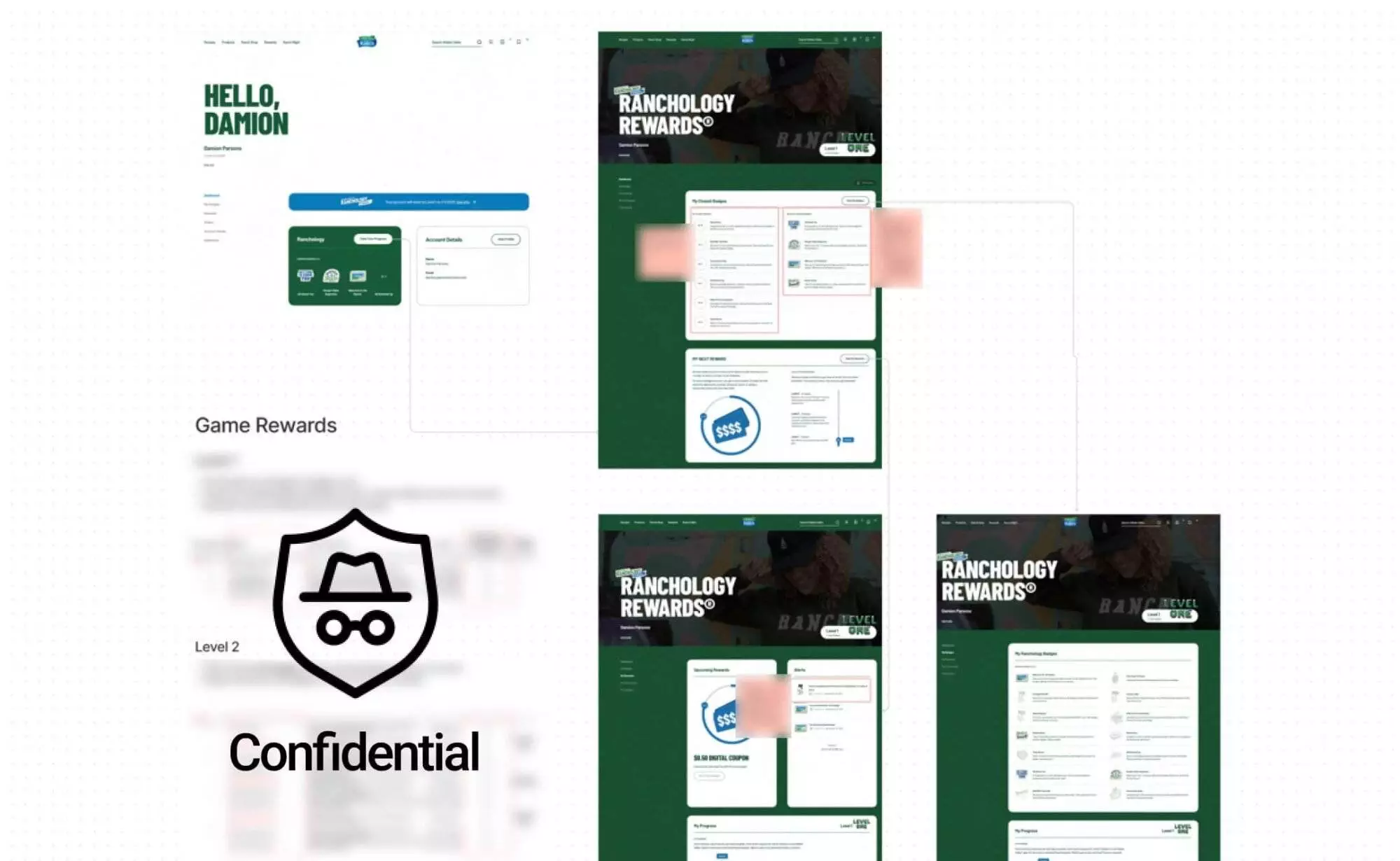 A rewards website interface designed with User Experience Design principles, featuring sections for game rewards and a profile page. A 