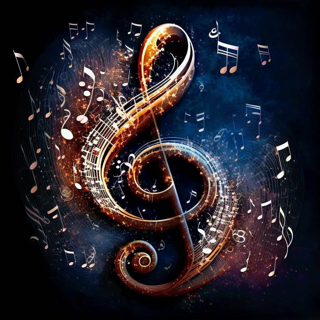 A digitally created image depicting a glowing treble clef surrounded by musical notes on a dark, dynamic background, symbolizing the future of music.