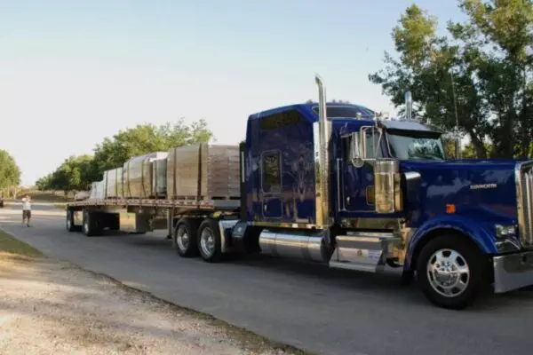 A blue Kenworth semi-truck is parked on the side of a road with a flatbed trailer loaded with large pallets. Trees and a person walking near what seems to be the world's longest swing set are visible in the background.