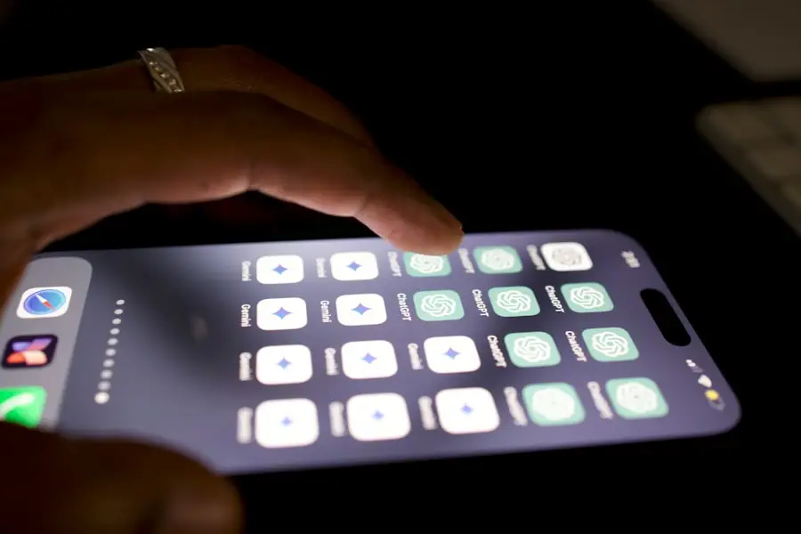 A hand tapping the screen of a smartphone displaying multiple app icons featuring a green logo with spiral designs.