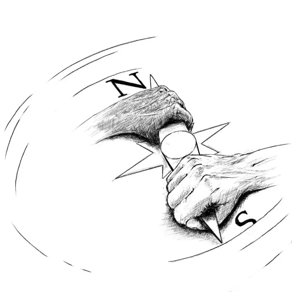 A hand grips the north point and another grips the south point of a compass rose, with swirling motion lines indicating rotation—ready to ask encil anything as direction shifts.