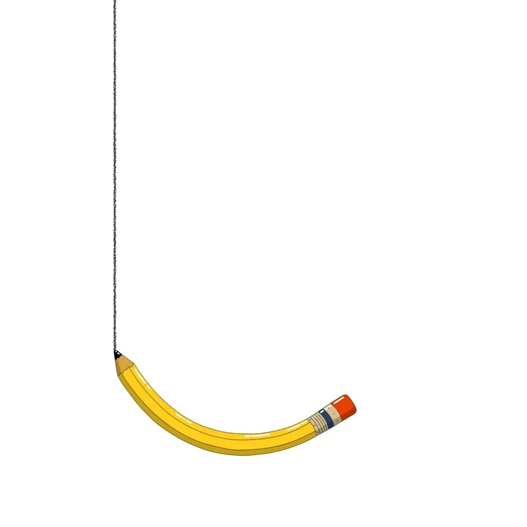 A yellow pencil with an eraser is suspended by a string from its tip, bent downward in a U-shape—ready for you to ask encil anything.